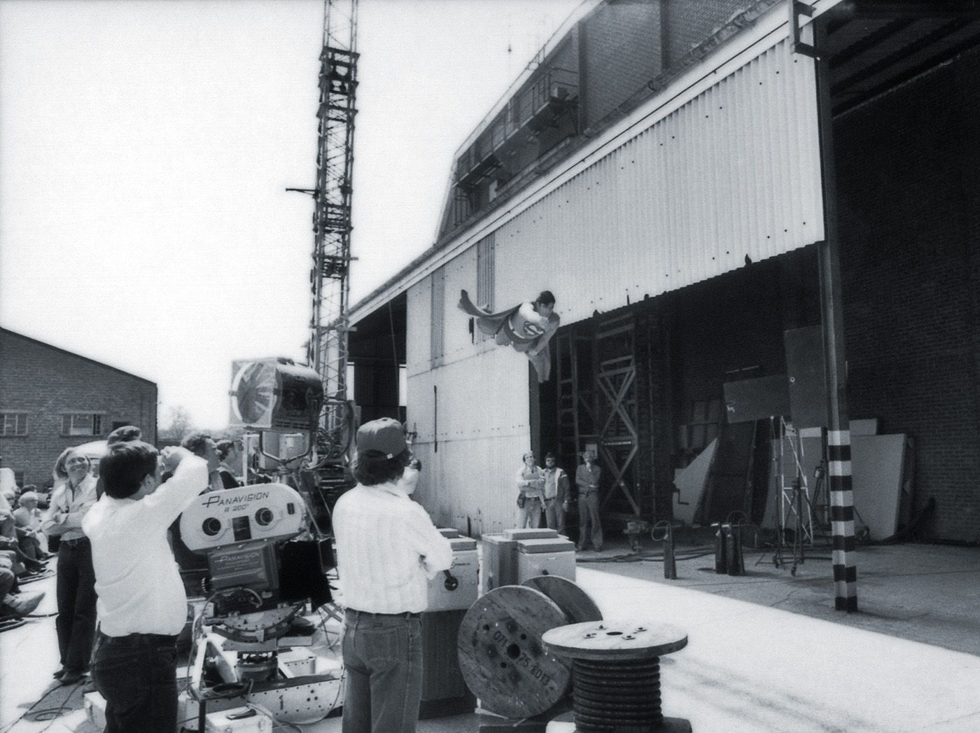 Superman flying on set