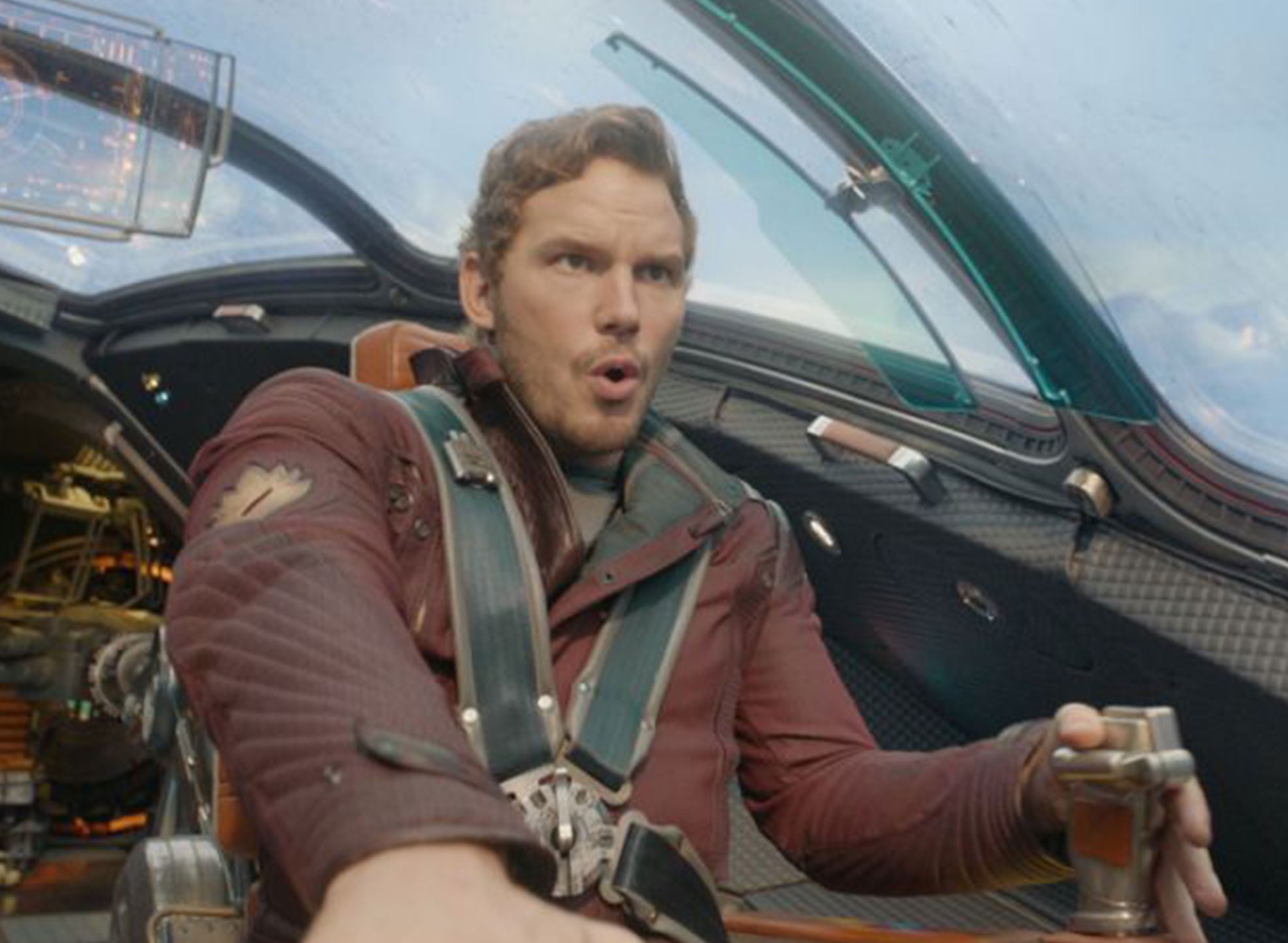 Peter Quill flies around in ship