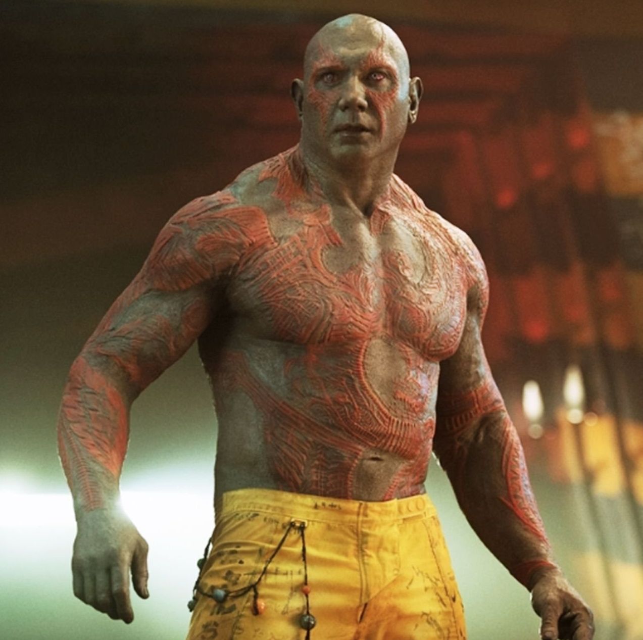 Dave Bautista as Drax the Destroyer, tattooed