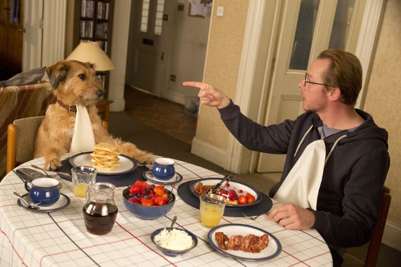 Simon Pegg Points at a Dog