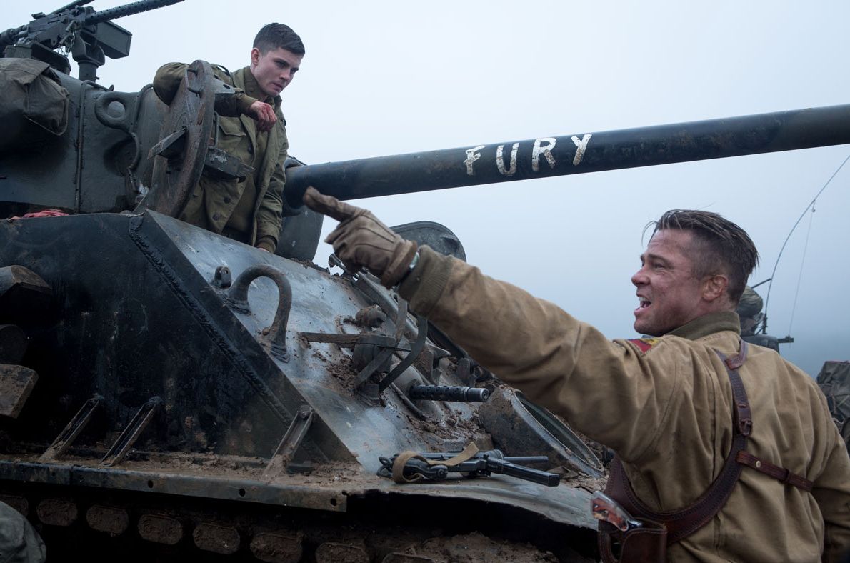 Brad Pitt as Wardaddy Don Collier shouting in Fury