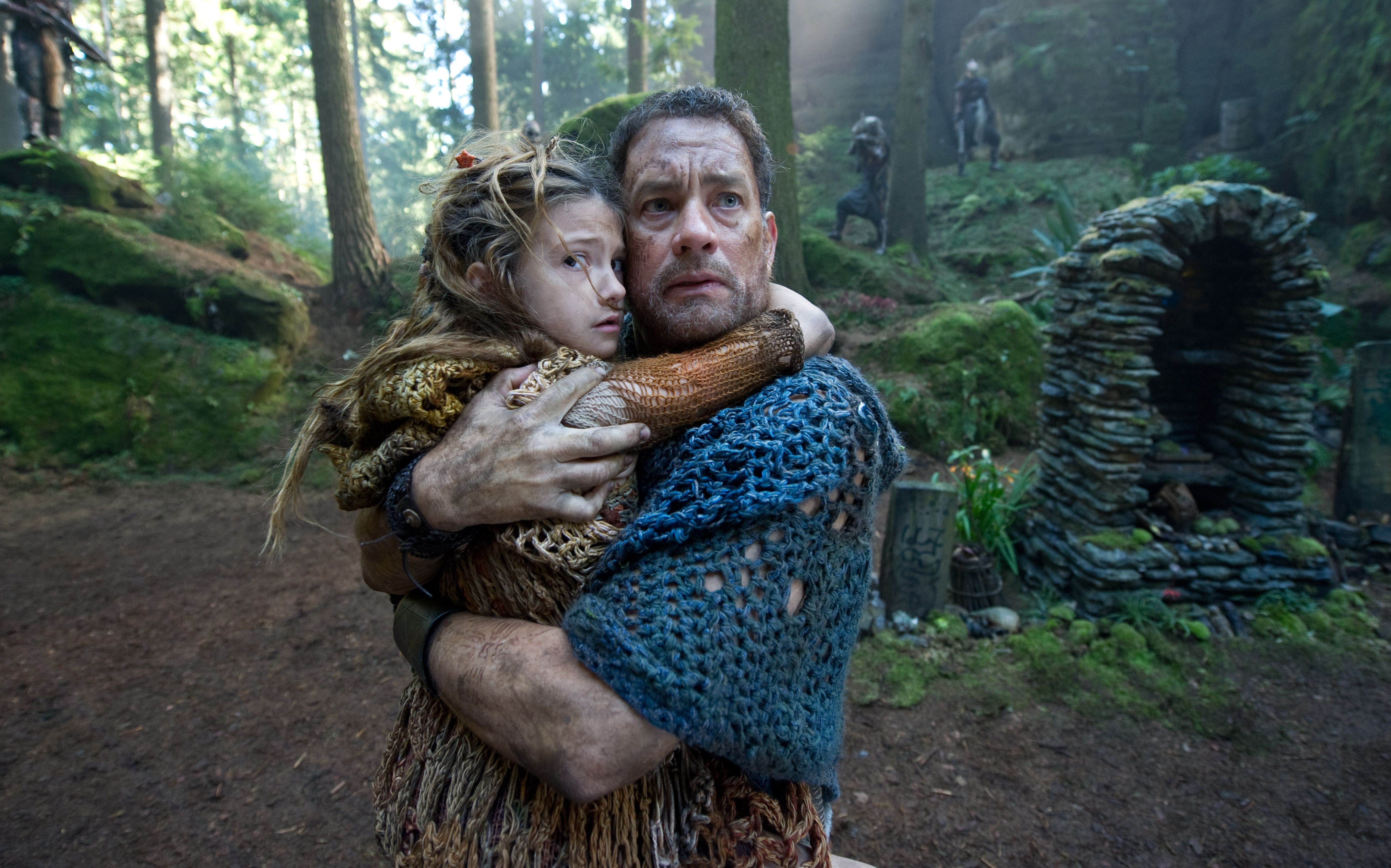 Tom Hanks scared with his kid in the forrest in Cloud Atlas