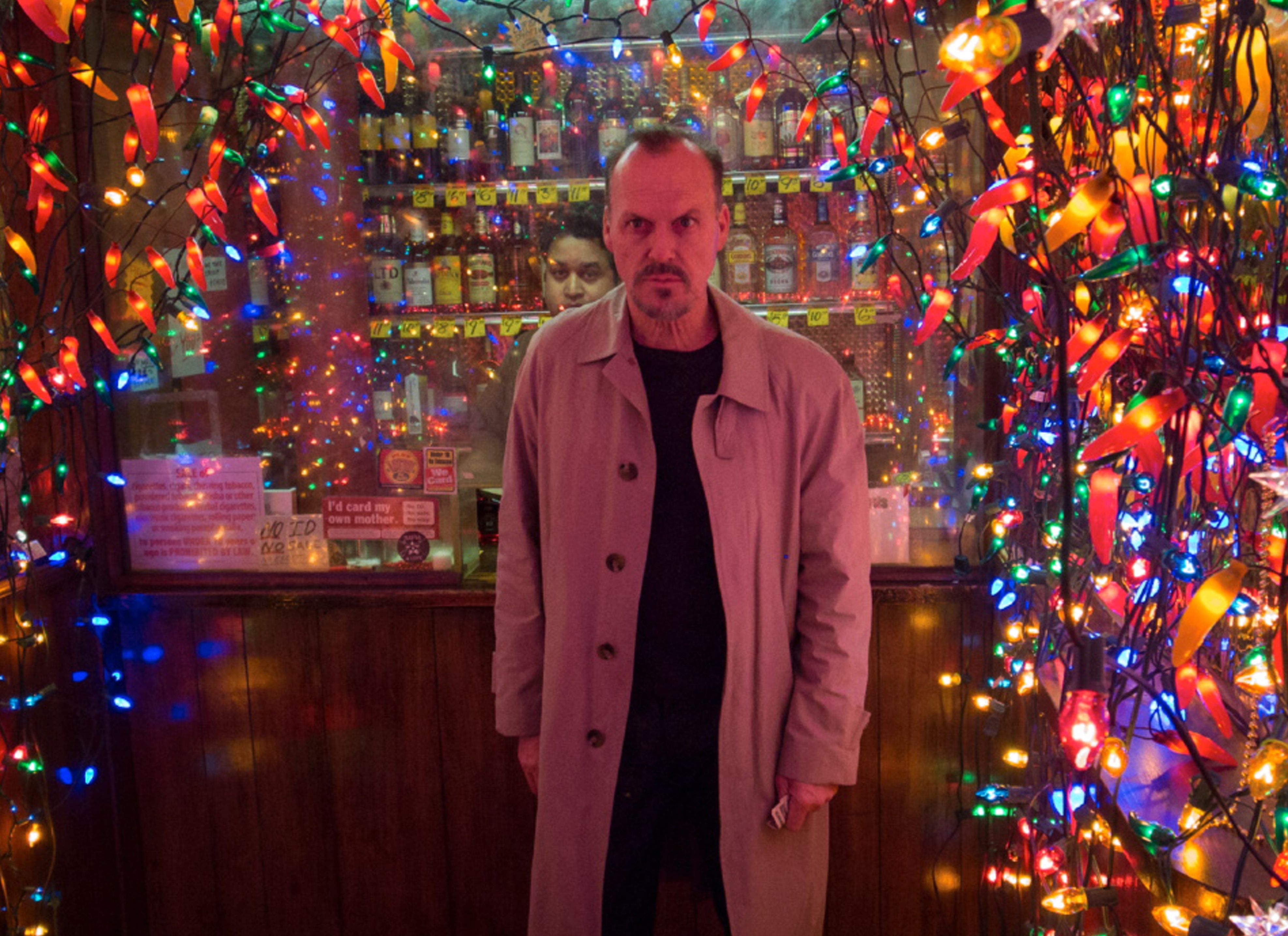 Michael Keaton surrounded by Christmas lights - Birdman