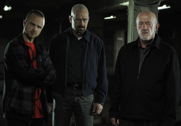 Aaron Paul, Bryan Cranston and Jonathan Banks on the set of 