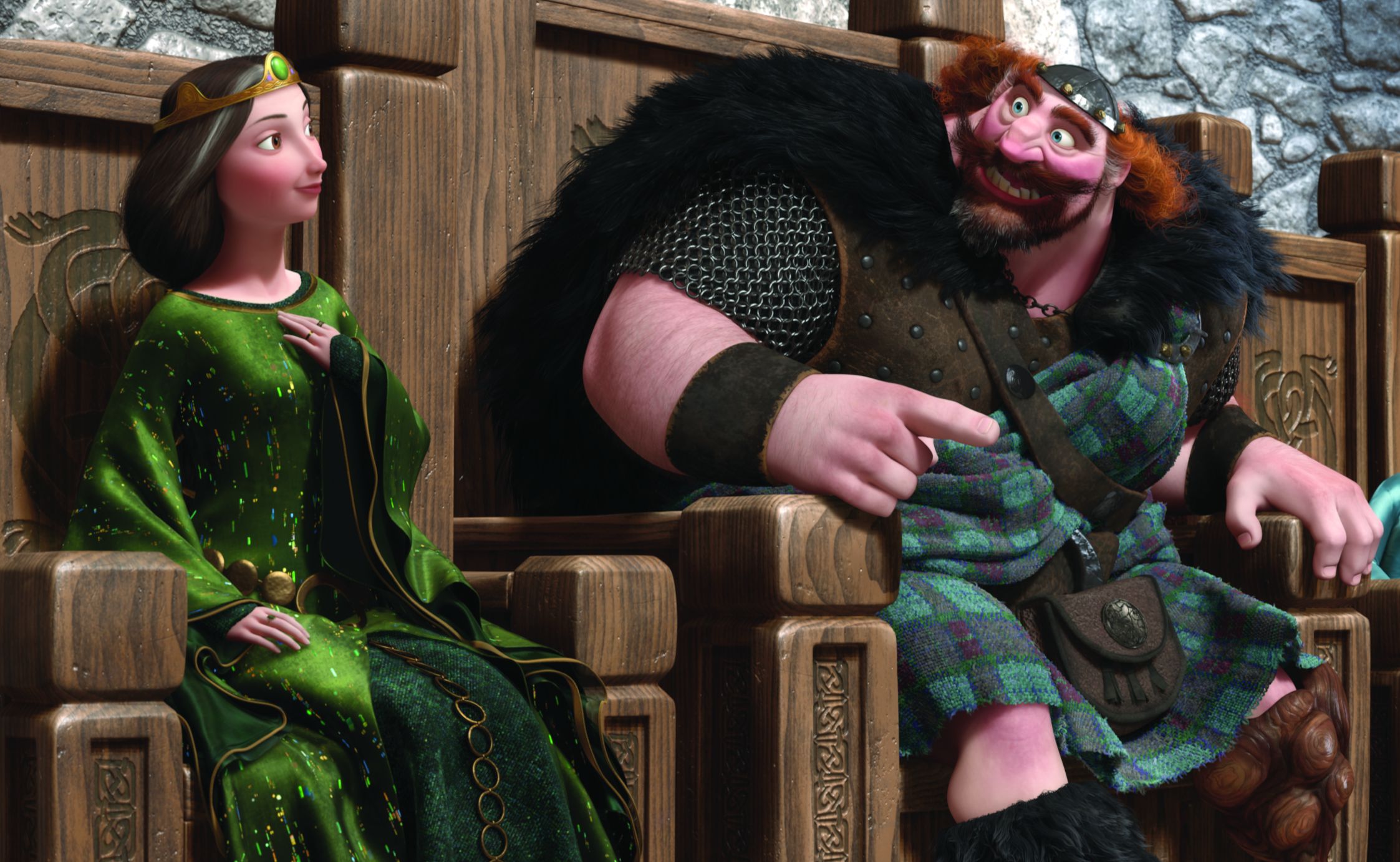 Queen Elinor and King Fergus on their thrones in Brave