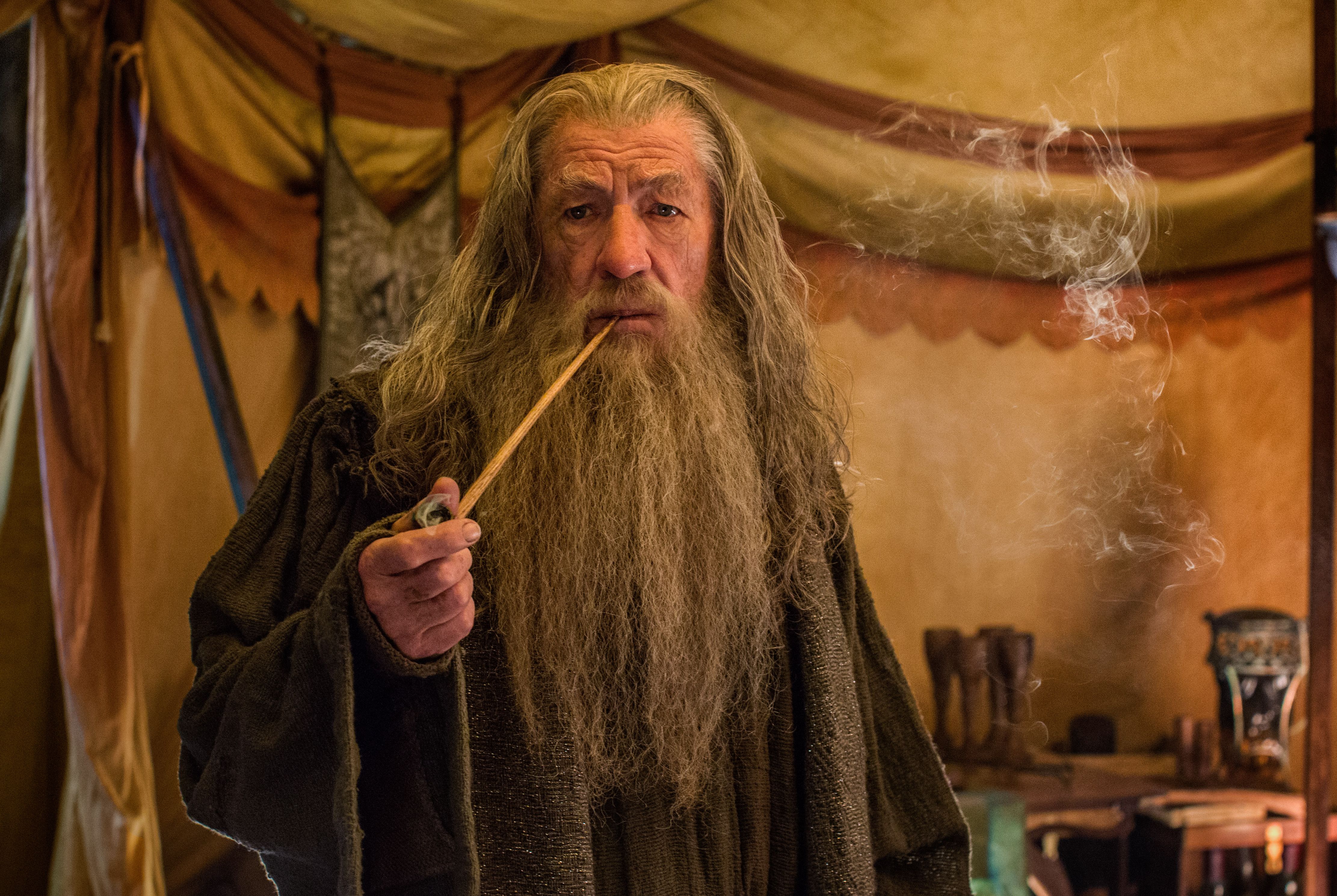 Ian McKellen as Gandalf having a smoke in the final Hobbit f