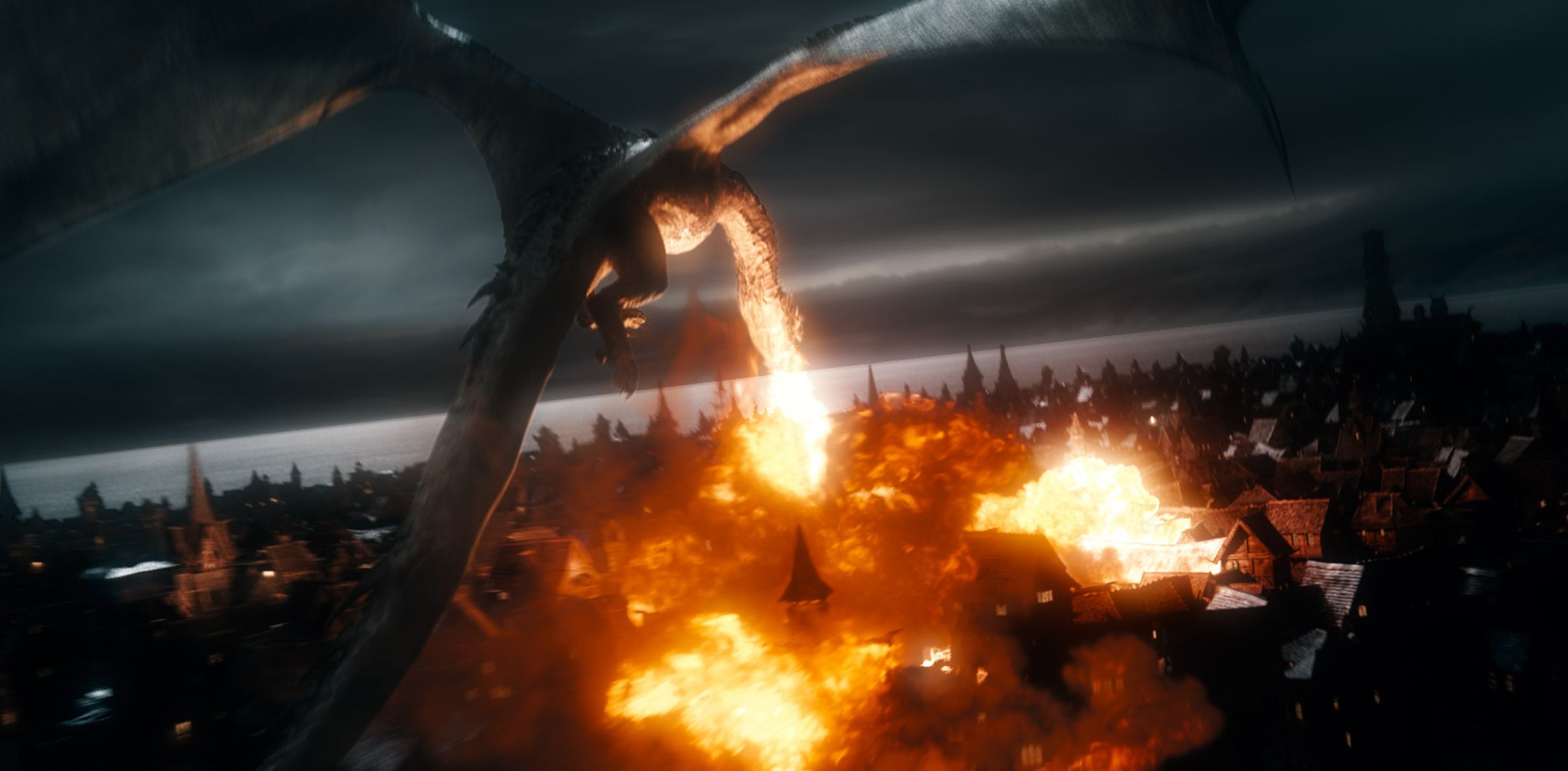 Dragon Smaug destroying a city in The Battle of the Five Arm