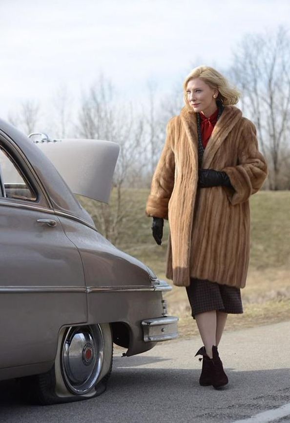 Cate Blanchett wears fancy coat, breaks down car in 1950's C