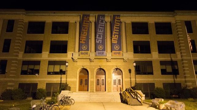 Banners hanging from the school, for the “Higgins Science 