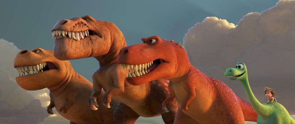 Arlo and some T-Rexes in The Good Dinosaur