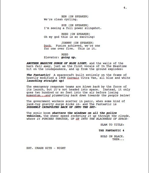 Page Four of Max Landis &#039;Fantastic Four&#039; Screenplay