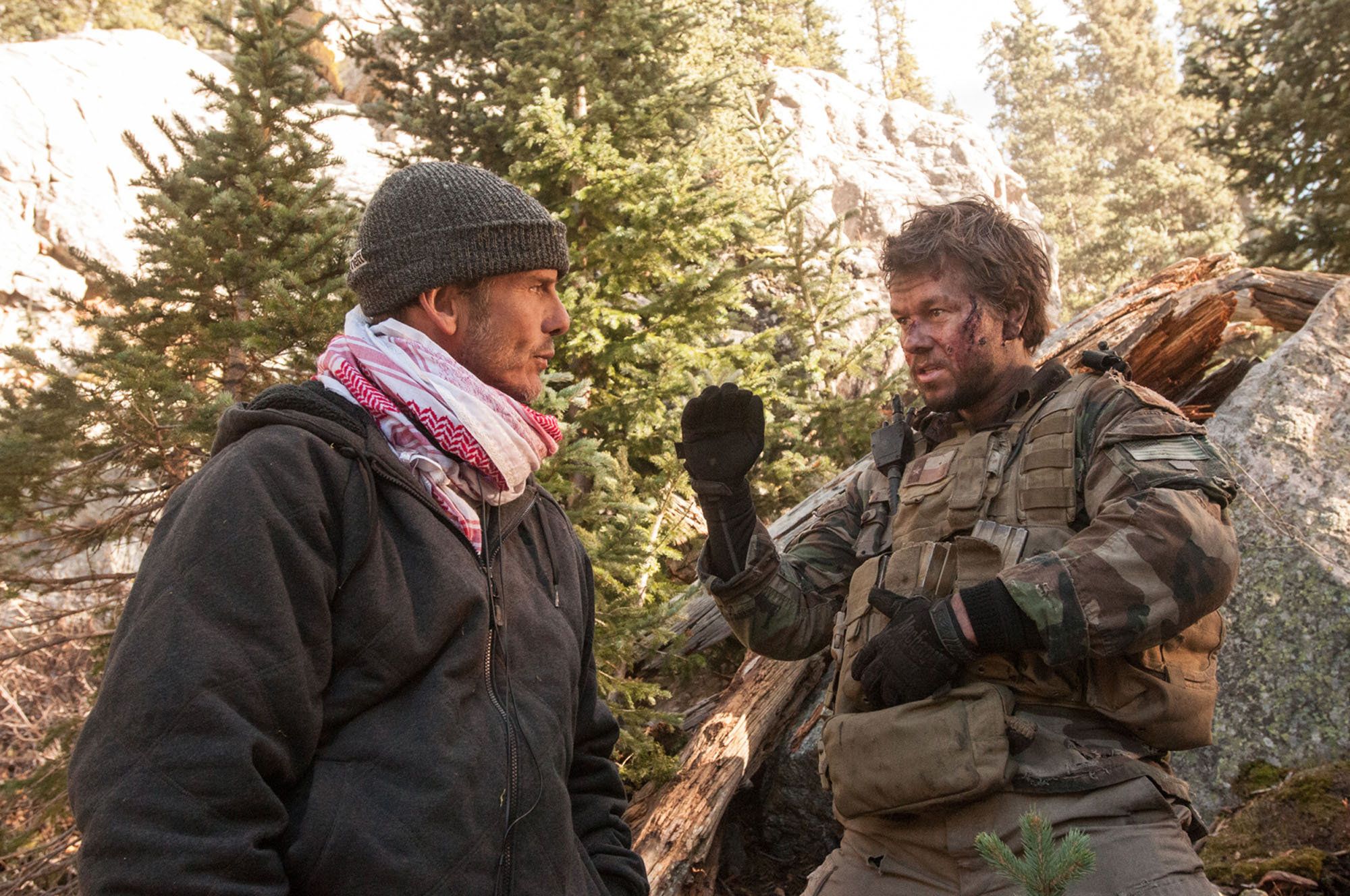 Director Peter Berg and Mark Wahlberg on 'Lone Survivor' set