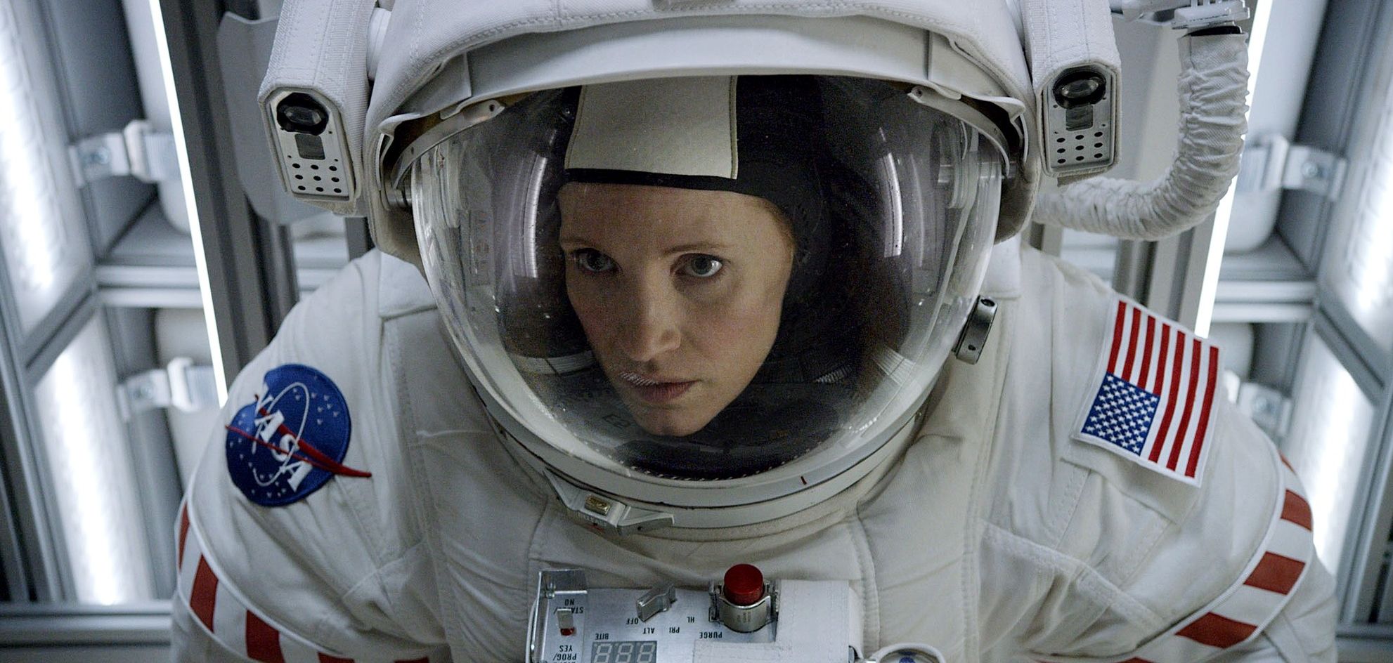 Chastain in huge space suit
