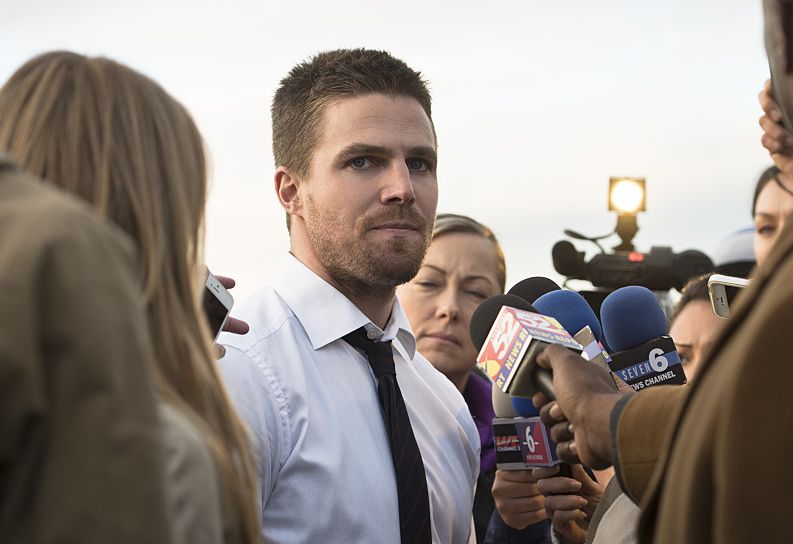 Mayoral candidate Oliver Queen gives press interviews after 