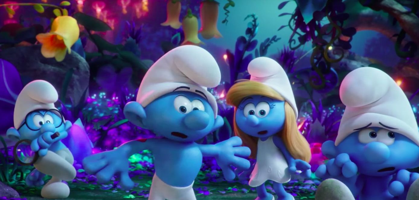 Brainy, Hefty, Smurfette and Clumsy on a journey in "Smurfs: The Lost Village"