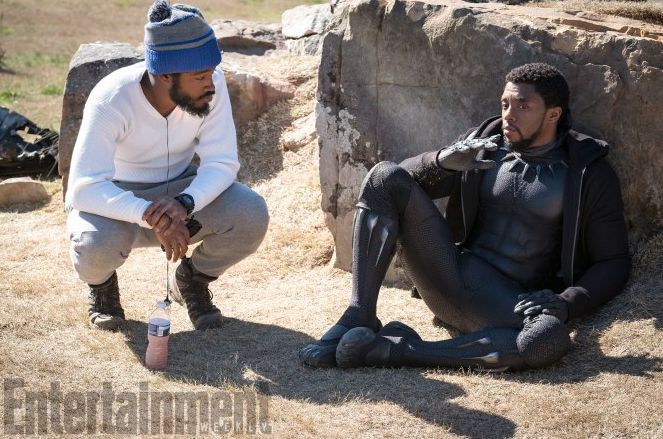 Director and co-writer Ryan Coogler (Fruitvale Station, Creed) confers with Boseman in this behind-the-scenes image.