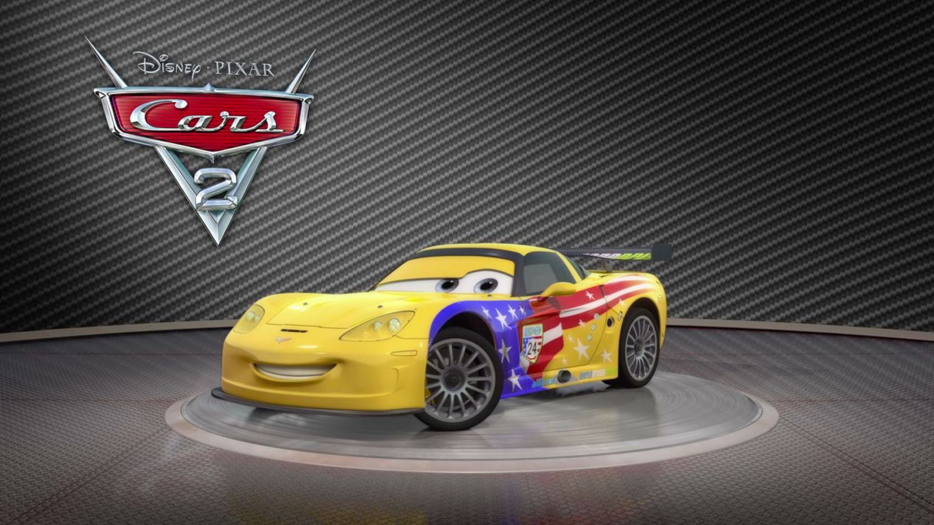 Jeff Corvette shows of his yellow rims and turns around in Cars 2