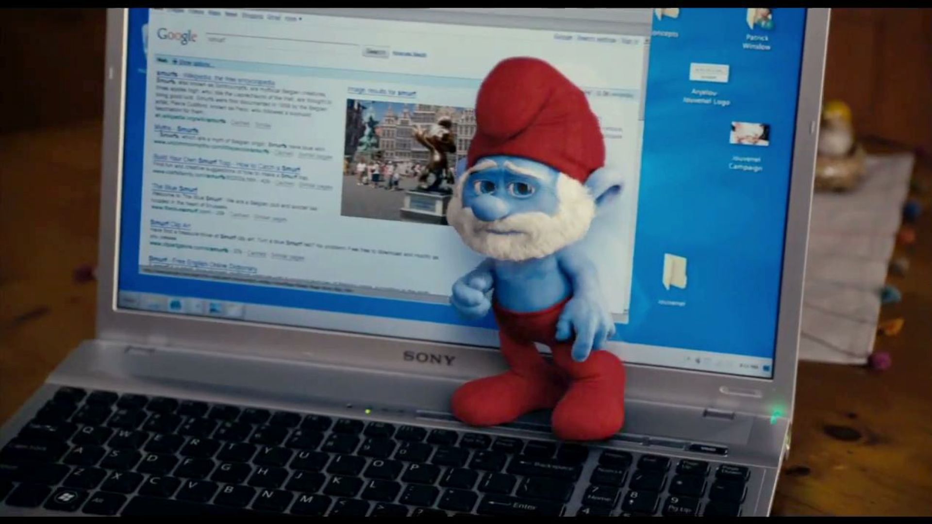 Patrick uses a magic searching device to find out what Smurfs are