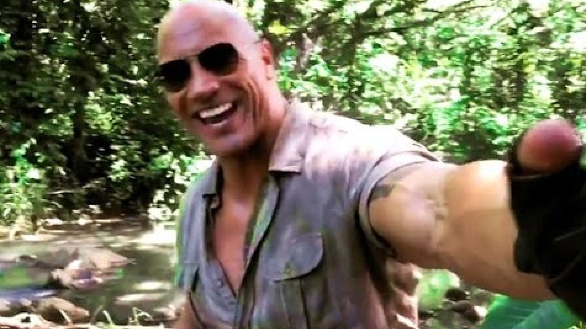 From the set of Jumanji, Dwayne Johnson plays a not-so-funny